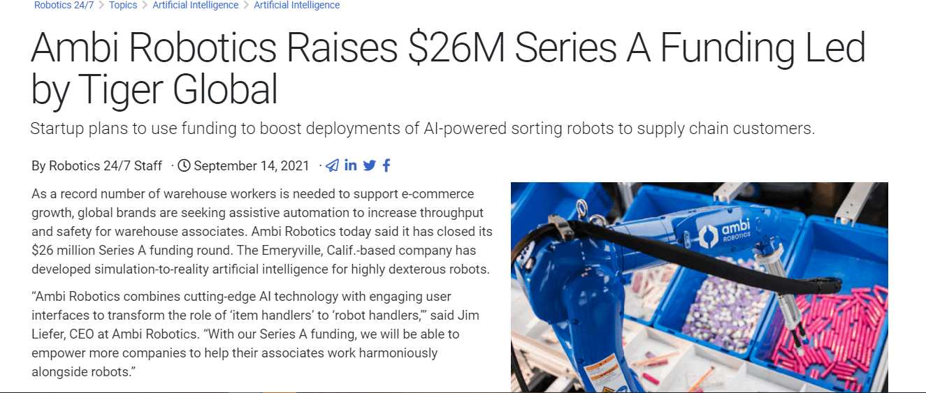 Ambi Robotics Raises $26M Series A Funding Led by Tiger Global